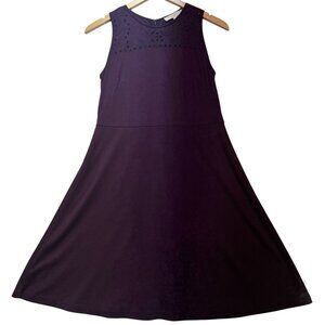 Loft Women A-Line Shift Dress Sleeveless Stretch Sz 8P Purple Eyelet Embroidered